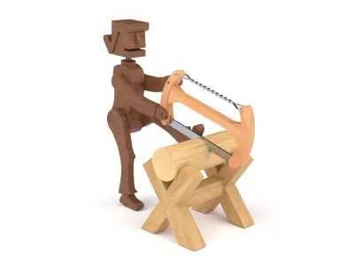 Wooden toy man sawing log 3D model