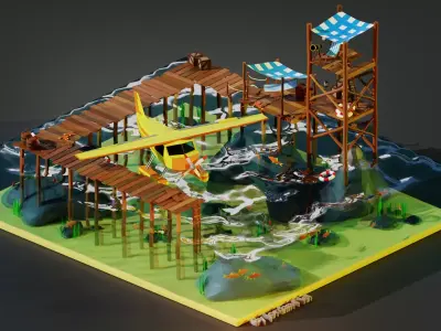 Stylized Seaplane And Sea Shack Low-poly 3D model