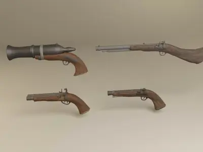 Flintlock pirate guns and shotguns and hand cannons collection Low-poly 3D model