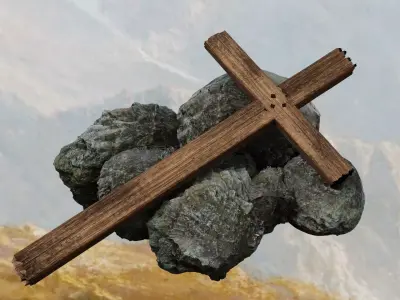 Simple wooden cross on top of boulders Free 3D model