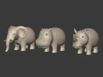 Cartoon Animals Pack - Elephant --Rhinoceros -- Hippopotamus Low-poly 3D model