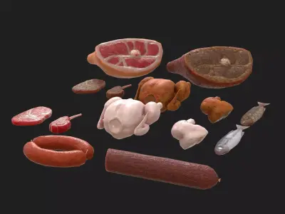 Meat 14 Piece Set - Steak Sausage Rib Fish Chicken Low-poly 3D model