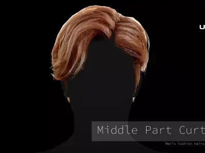 Realtime Hair - Middle part curtains Low-poly 3D model