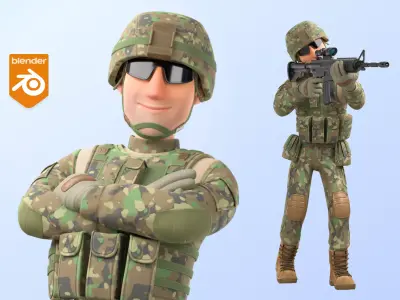 Cartoon Soldier Man Army Military Character  Rigged Low-poly 3D model