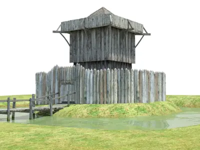 Medieval wooden motte castle with keep and ditch Low-poly 3D model