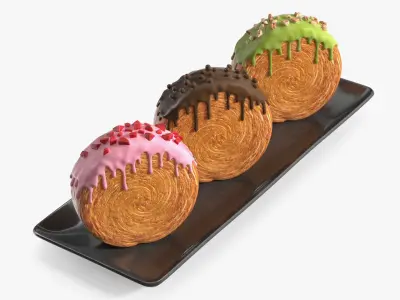Round Croissant Pastry with Three Glazed Flavors on Tray 3D model