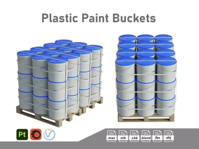 Plastic Paint Buckets On Wood Pallets 3D model