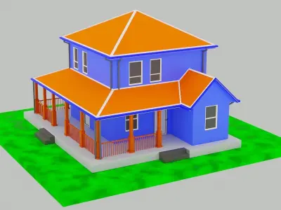 Low poly house 3D model orange on field Free low-poly 3D model