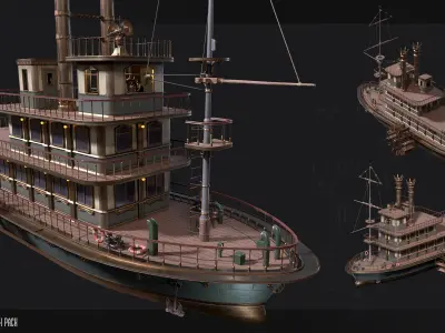Steampunk Passenger Ship Model Game Ready Kitbash Textured Low-poly 3D model