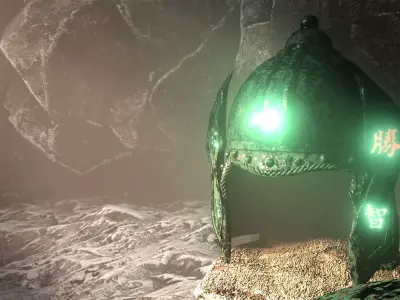 Medieval Chinese Warrior set -Helmet-Shield- Spear in cave scene 3D model