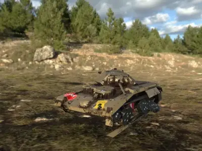 tank low poly in middle of field Low-poly 3D model