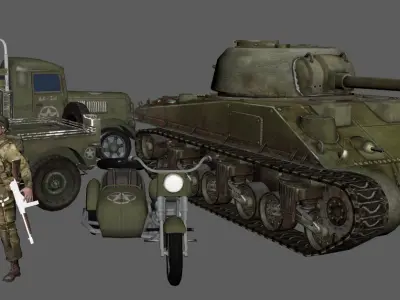 american wwii pack Tanks armored vehicles soldiers motorcycles Low-poly 3D model