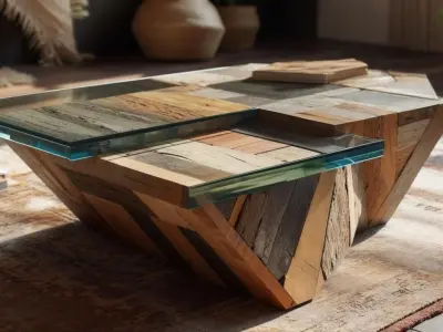 coffee table made from recycled wood and tempered glass 3D model Low-poly 3D model