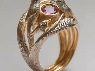 Luxury Bird Nest Ring 3D Pink Gem Gold Feather Texture Low-poly 3D model