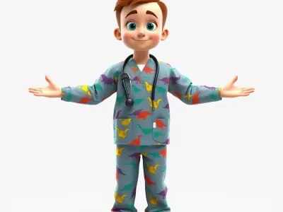 Pediatric Dino Doctor Character Model with Colorful Scrubs Low-poly 3D model