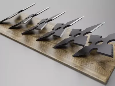 shurikens five knives on wooden board Free 3D model