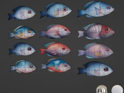 Stylized Fishes- Ai painted  Low-poly 3D model