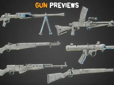 30 World War II Guns Base Mesh - Vol 08 Low-poly 3D model