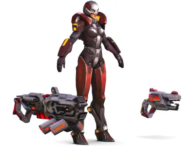 Woman Cyborg Machine Gun Rifle and Pistol Low-poly 3D model