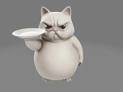 Chubby Angry Cat Holding Plate 3D model