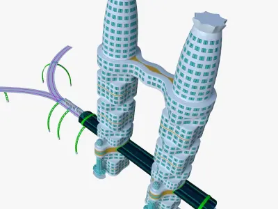 Skyscraper with metro station and train 3D model