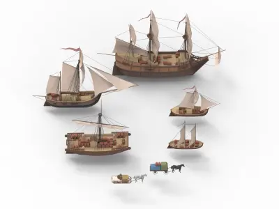 sailboats lowpoly group of wooden ships Low-poly 3D model
