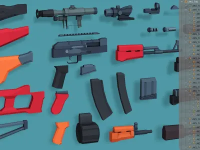 Stylized Modular AKS-74U Rifle Low Poly Mobile Ready Low-poly 3D model