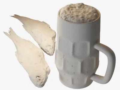 Beer in a mug with dried fish 3D model