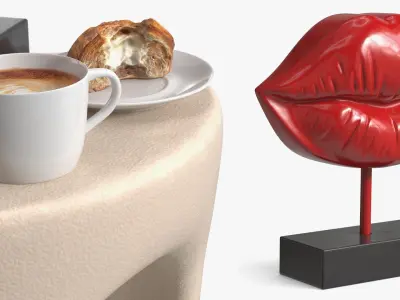 Side Table with Lip Sculpture and Coffee Cup Pastry 3D model