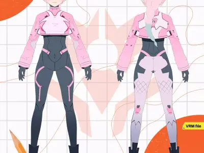 VRM SCIFI PILOT PINK UNIFORM COSTUME BODYSUIT LONG BRAID 3D model
