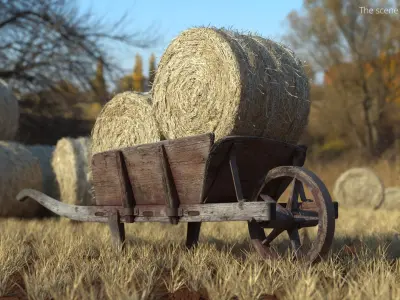 Wooden Wheelbarrow with Hay Bales Brown 3D model