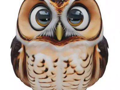 Cute Cartoon Owl 3D Fluffy Bird Big Eyes Feathered Wings Low-poly 3D model