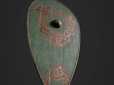 Slavic kite wooden shield-painted green with uroboros symbol Low-poly 3D model
