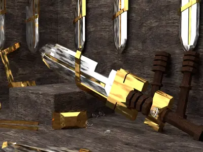 Game Ready Sword gold swords in dungeon Free low-poly 3D model