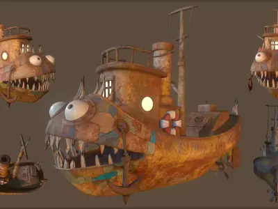 Stylized Spiked Fish Boat Low-poly 3D model
