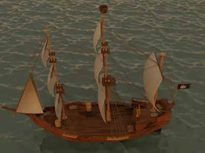 ship lowpoly model - game ready sailing in ocean at sunset Low-poly 3D model