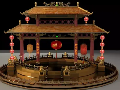 Chinese ancient gate with red lanterns 3D model