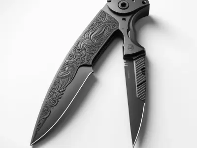 Black Engraved Folding Tactical Knife 3D model
