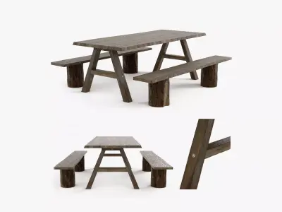 Rustic Table Benches - Game Ready Low-poly 3D model