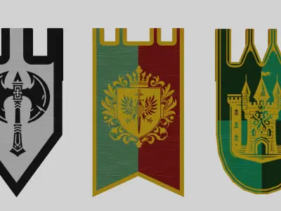 Medieval flags baners and stands Low-poly 3D model