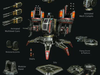 Modular Multilevel Turrets Mechs Robots Low-poly 3D model