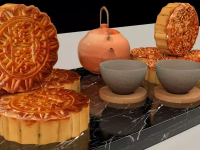 Chinese moon cake with teapot set 3D model