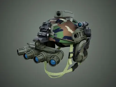 Military Combat helmet with headset and goggles Low-poly 3D model