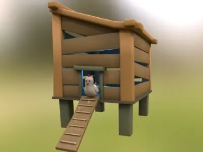 Cartoon Stylized Chicken with Coop Structure Low-poly 3D model