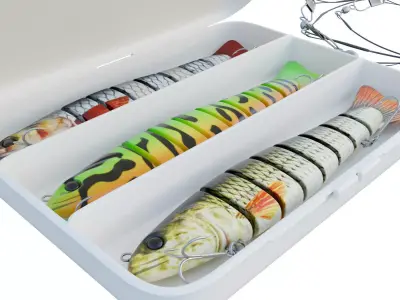 Fishing lure set or Fish bait set in a box Low-poly 3D model