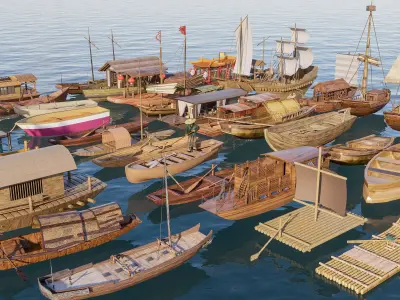 Wooden boat collection 1 Low-poly 3D model