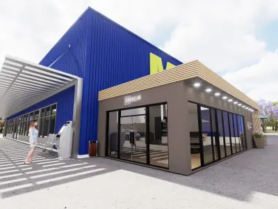 Coffee shop commercial building and urban cars parking 3D model