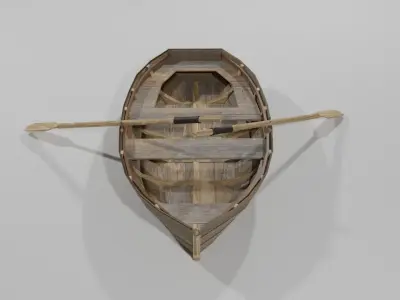 Old Wooden Fishing Boat with Shovels Low-poly 3D model