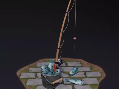 Fishing Equipment - Fishing Rod - Metal Bucket - Stylized PBR  Low-poly 3D model