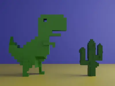 Google dinosaur 3d plus cactus Low-poly 3D model